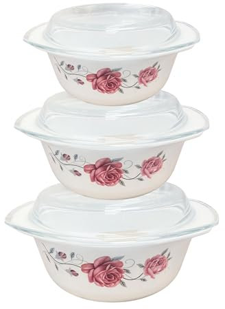 Reldor 3 Pcs Glass Casserole Dishes with Lids, Freezer, Microwave & Dishwasher Safe, Casserole Dish Set with Carry Handles, Break Resistant, Serving Dishes (1 + 1.5 + 2.5 Ltr), Big Rose