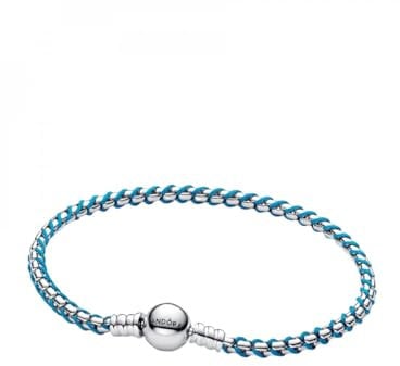 PANDORA Blaue Kordel Schlangen-Gliederarmband aus Sterling-Silber, Kombination aus Stoff und Metall, Moments Kollektion, Länge: 21 cm, 593816C01-21