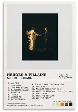 Metro Boomin Poster, Helden und Bösewichte, Album, Trackliste, Poster, Vintage-Wandkunst, Leinwand, ästhetische Poster, Musik und Filme, Dekorgemälde für Wohnzimmer, Schlafzimmer, 30 x 45 cm