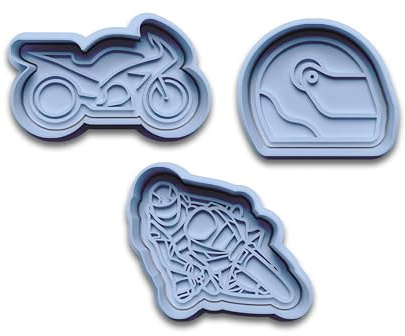Motorrad-Keksausstecher Set – 3-teiliges Motiv-Set mit Motorrad, Helm, Rennfahrer in Schräglage