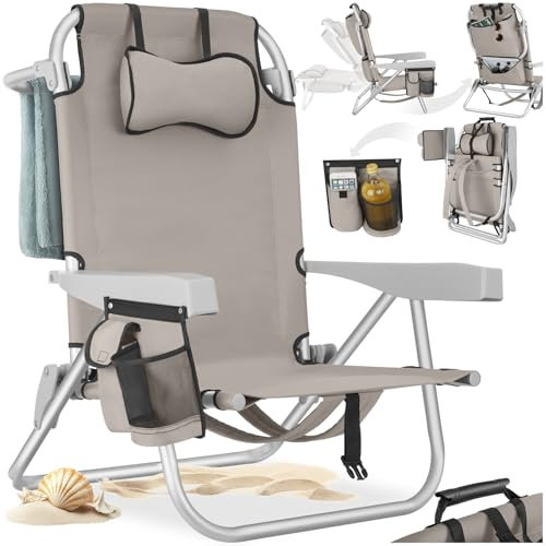 tectake® Chaise pliante Chaise Plage Fauteuil Camping, Cadre en Aluminium inoxydable, Dossier réglable 5 positions avec Appuie-tête Porte gobelet Sac isotherme intégré Accessoire plage Voyage Festival