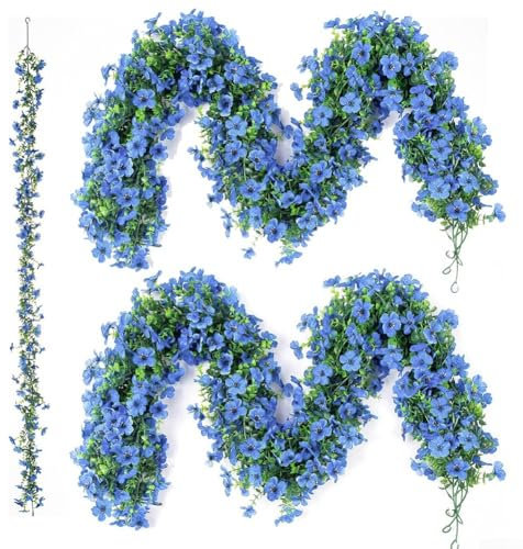 Sumsoctober Künstliche Blumengirlande, 2 Stück, 1,8 m, künstliche Blumenranke mit Gänseblümchen und Efeu, realistisches hängendes Grün für Hochzeit, Party, Treppe, Torbogen, Heimdekoration (blau)