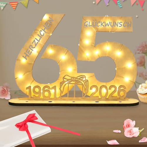 Seutgjie Originelle Geschenk 65 Geburtstag Mann Frau 1961-2026, Geldgeschenke Geburtstag 65 mit LED Lichterkette Geschenkpapier, 65 Geburtstag Deko, Geburtstagskarte 65 Holz Schild Gästebuch
