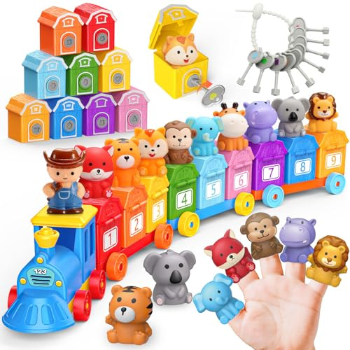 Animal Montessori Learning Toys for 2 3 4 5 Year Old Kids Small Animals Train Locks and Keys Matching Toys Counting and Sorting Train Set Toy
