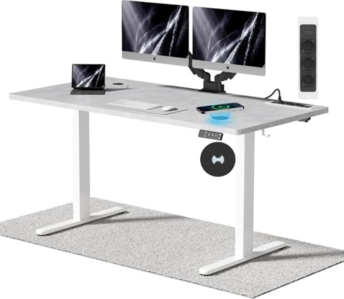 Airfish Höhenverstellbarer Schreibtisch 140x70cm mit Kabelloser Ladestation | Computertisch Elektrisch Stehtisch mit Steckdose & 3-Funktions-Memory und Funktion zur Ermüdungs-Erinnerung, Grau