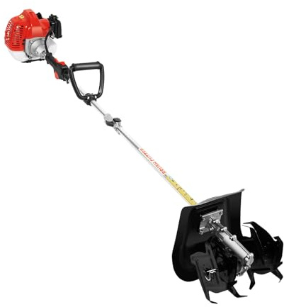 Benzin-Motorhacke mit Verlängerungsstange, 6500 U/min, Gartenfräse 25cm Arbeitsbreite & 9cm Arbeitstiefe, Bodenfräse mit Spritzschutz, Verstellbaren Griffen & Tragegurt, 1h Laufzeit pro Betankung