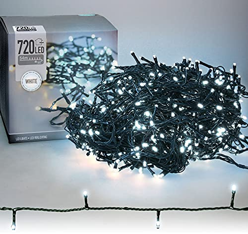 ECD Germany LED Lichterkette mit 720 LED 54m Kaltweiß für Weihnachten, Weihnachtsbeleuchtung für den Innen- und Außenbereich IP44, Weihnachtslichterkette für Weihnachtsbaum, Kette auf Grünem Kabel