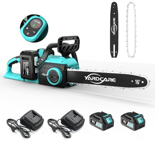 YARDCARE Motosierra a batería de 16 pulgadas, motor brushless de 1600 W, velocidad de cadena 21 m/s, con pantalla LED y 2 baterías de 4 Ah, tensado sin herramientas y lubricación automática