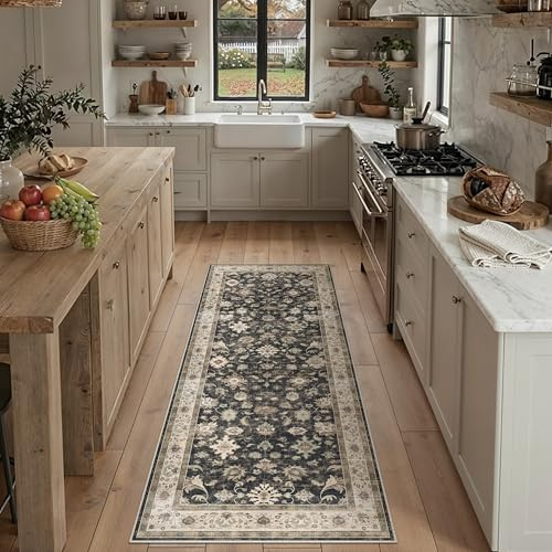 PureCozy Vintage Waschbarer LäUfer Flur Teppich 60x180cm, Schwarz | Blumenmuster,Waschbar, Rutschfest, Kurzflor, Weich, Küche, Eingangsbereich, Schlafzimmer, Bettvorleger