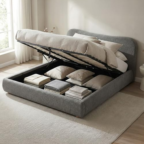 CLP Polsterbett mit Stauraum Maido, Bettgestell für Matratzen, Lattenrost mit Lift-Mechanismus, Doppelbett mit Teddystoff, bis 300 kg, Farbe:dunkelgrau, Größe:180x200cm