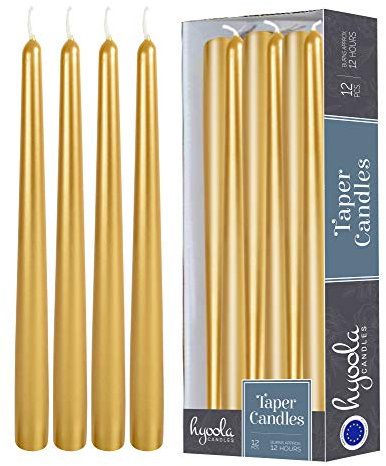 Hyoola Stabkerzen - 35 cm Metallisch Gold, Tropffreie Tafelkerzen - Kerzen Lange Brenndauer 12 Stunden - 12er Pack
