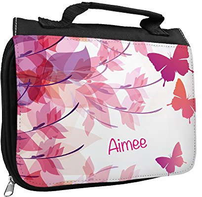 Kulturbeutel mit Namen Aimee und Motiv mit Schmetterlingen für Mädchen | Kulturtasche mit Vornamen | Waschtasche für Kinder