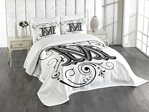 ABAKUHAUS Buchstabe M Tagesdecke Set, Eastern Zusammenfassung M, Set mit Kissenbezug Waschbar, für Einzelbetten 170 x 220 cm, Weiß Schwarz Grau