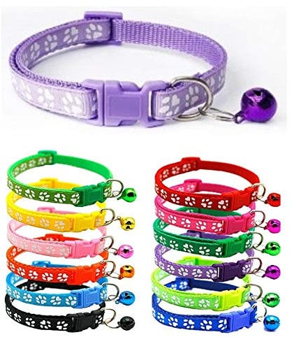 Doggie Style Store Small Dog Puppy Pet Collar Pawprint Design with Bell Nylon Adjustable Size 19-32cm Lilac Violet Light Purple