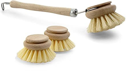 Novaliv Lot de 3 brosses à vaisselle I 2 têtes de rechange I Fibre naturelle I Bois I Grande brosse à vaisselle Brosse de cuisine Brosse à récurer Brosse de nettoyage Brosse de cuisine