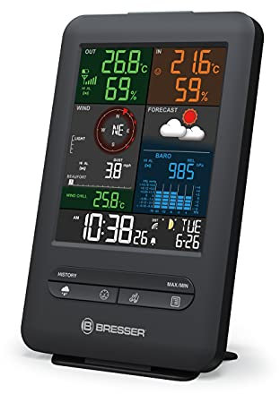 BRESSER Stazione base aggiuntiva per stazione meteo wireless 7002525 Beaufort 5 in 1 con indicatore di clima interno e sveglia integrata con funzione di allarme ghiaccio, nero