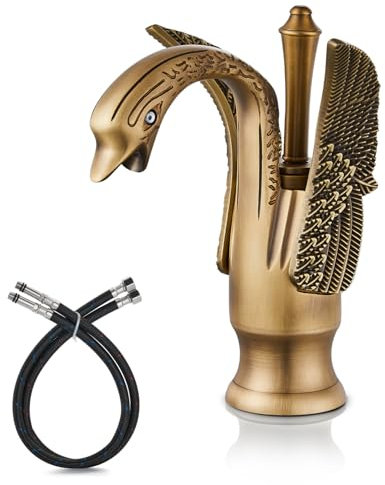 Cinwiny Swan Wasserhahn für Badezimmer, Waschbecken, antikes Messing, Bronze, Schwanen-Form, Einhandgriff, Einlochmontage, Waschtischarmatur