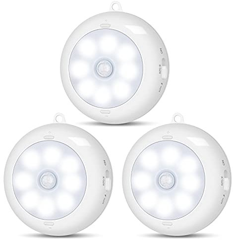 Reoshine Luce con sensore di movimento per interni, luci notturne a LED, luci sotto armadietti, luci a disco senza fili a batteria AA, per parete, gradino, scale, dimmerabile (confezione da 3)