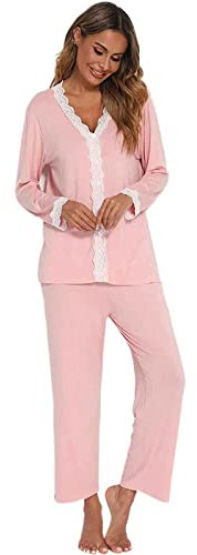Jecarden Pyjama deux pièces à manches longues en coton modal, bord en dentelle, pour femmes et filles, rose, L