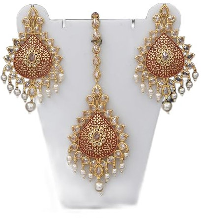 JewelryGift Funkelnder Chandbali-Ohrring mit Maang Tikka vergoldet Pearl traditioneller stilvoller Schmuck für Frauen Mädchen Damen