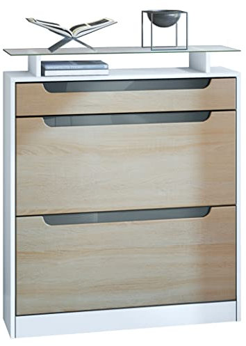Vladon Schuhschrank Fiesta, Weiß matt/Eiche sägerau/Grau Hochglanz Schuhkipper für 16 Paar Schuhe mit 2 Klappen (89 x 104 x 23 cm)