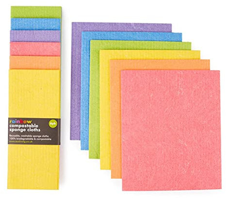 ecoLiving Compostable Sponge Cleaning Cloths - Dishcloth - Eco Friendly & Sustainable Biodegradable Sponge Cloths | Made of Cellulose & Cotton | Reusable Kitchen Cleaning Cloth(6 Pack Ranbow Bright)