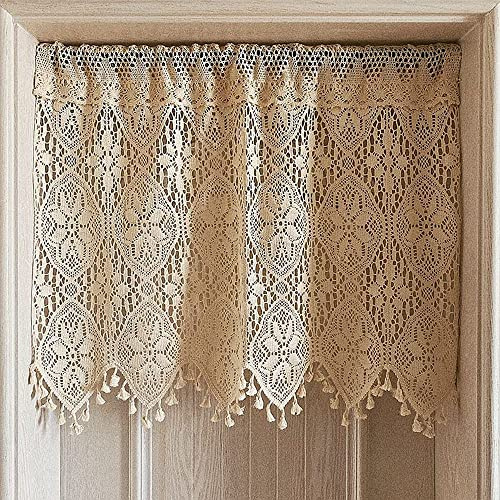 Retro Häkelvorhang Volant für Küche Fenster Boho Vorhang Stufen für Kaffee Dekor Stange Tasche Bauernhaus Kurze Vorhänge für Raumteiler 1 Panel Stricken Tür Vorhang B 89 x L 66 cm