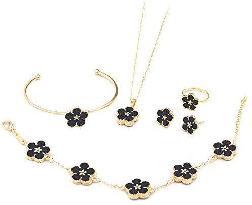 Vierblättriges Kleeblatt Schmuckset, 18K Gold Plattiert Edelstahl Titan Stahl Halskette Ohrstecker Armband Set, Zierliches Emaille Schmuckset für Frauen und Mädchen