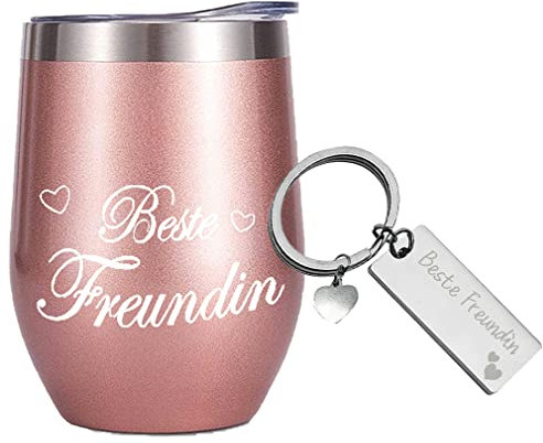 Edelstahl Kaffeebecher mit Gravur Geschenk für Frauen - Beste Freundin Thermobecher für ihr Geburtstag Geschenk - 350ml Roségold Kaffeetasse mit Deckel, mit Schlüsselanhänger