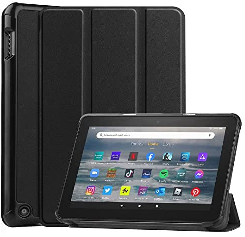 SATURCASE Custodia per Amazon Fire 7 2022 rilasciata (12a generazione), in pelle PU Flip Folio Stand Slim Light Auto Wake Up/Sleep Cover protettiva per tablet (nero)