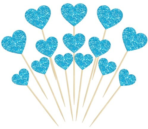 Gyufise 30Pcs Heart Cupcake Toppers Glitter Sweet Love Cupcake Picks Valentine's Day Cake Decorations for Wedding Engagement Bridal Shower Valentine's Day Party Cake Decorations Supplies Blue