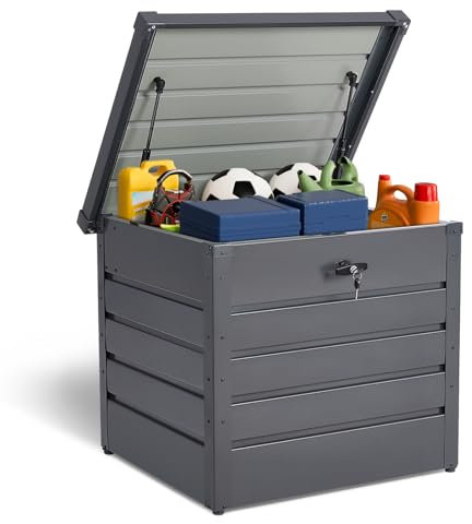 DKIEI Lockable Garden Storage Box, 200L Outdoor Metal Box With Lid, Black Deck Container for Garden Tools, Toys, Cushions, Pillows - 72 x 62 x 63cm