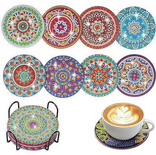 MAOYUTOU Diamond Painting Untersetzer 8 Set mit Halter 5D Diamond Painting Erwachsene Diamant-Malsets, DIY-Mandala-Untersetzer zum Basteln Erwachsene