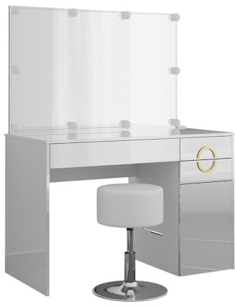Vicco Schminktisch Adela, Weiß Hochglanz, 115 cm mit LED Beleuchtung und Hocker