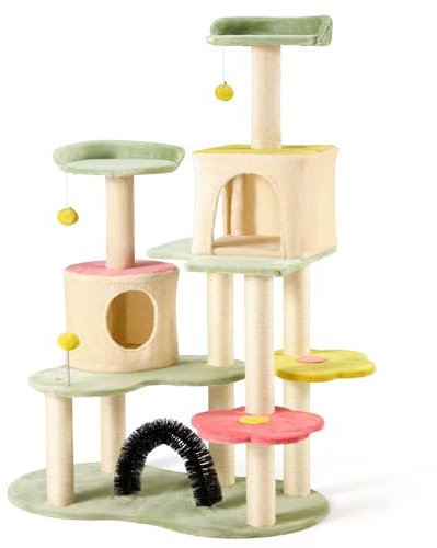 Flower Cat Tree Tower, 59 Inches Cute Cat Tree for Indoor Cats w/Sisal Covered Cat Scratching Posts Stand Cozy Condo, Sturdy Padded Top Perch and Bell Ball Colorful Cat Tree House for Indoor Cats