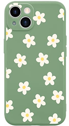 Wihytec White Daisy Phone Case for iPhone 13 PRO MAX Small Daisy Floral Case Cover Green Liquid Silicone Soft Gel Rubber Anti-Scratch Durable Girly Women Matte Phone Case Microfiber Lining