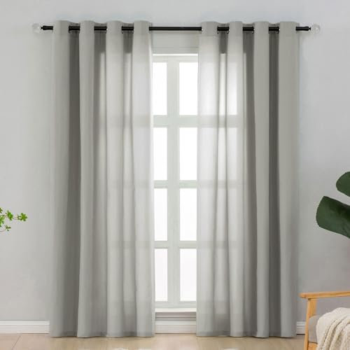 L.Z.E Gardinen Vorhänge Grau, Sichtschutz Lichtdurchlässige Gardine Vorhang für Schlafzimmer Wohnzimmer Privatsphäre, Dünne Baumwolloptik Stores mit Ösen, 245 cm Lang, Blickdicht Einfarbig Hellgrau