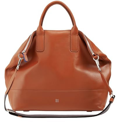 DUDU Elegante Damen-Umhängetasche aus echtem Leder, Handtasche mit Zwei Griffen und Reißverschluss Zimt