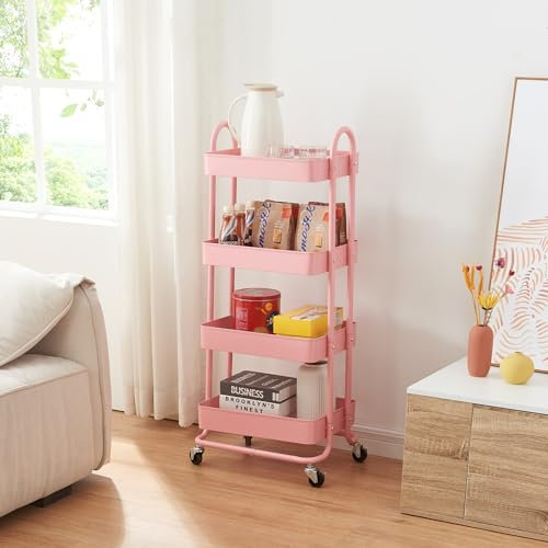 [en.casa] Carro de Servicio con 4 Cestas Estantería de Baño con 4 Ruedas Carrito de Cocina Multiusos Versátil Resistente Acero 104 x 46 x 35 cm - Rosa