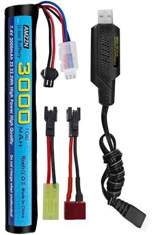 AMZZN 7.4V 10C 3000mAh SM-2P Plug Li-ion Battery with USB Charging Cable for SRB1200 SRB400 SRB400-SUB MP5K M4 M110 Airsoft Gel Water Droplet Blaster, RC Car Drone Backup Battery