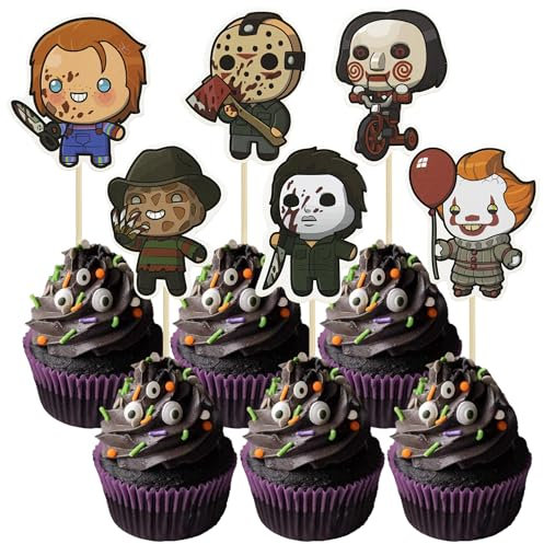 Gyufise 36Pcs Horror Movie Cupcake Toppers Horror Movie Halloween Cupcake Picks Halloween Birthday Cake Decorations for Halloween Horror Movie Theme Baby Shower Birthday Party Supplies