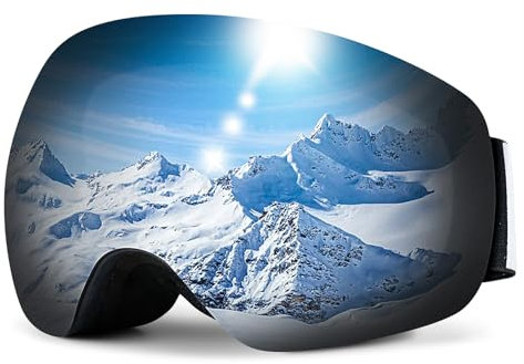 NENKI Skibrille Herren, Anti-Fog & UV 400 rahmenlose Skibrille Damen, geeignet für Skihelm, OTG Skiboardbrille, Silber