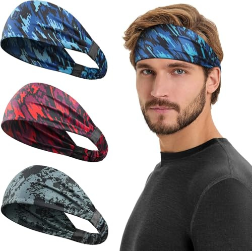 Sport Stirnbänder Herren, Feuchtigkeitsabführend Schweißband Stirn Stretchy Stirnband Sport rutschfest Haarband Männer Laufstirnband für Fitness Laufen Basketball 3 Stück