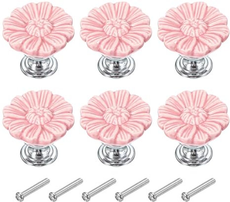 PATIKIL Vintage Floral Knobs, 1-5/16 Pink Ceramic & Zinc Alloy, 6 Pcs with Screw, Suitable for Drawers, Dressers, Cupboards