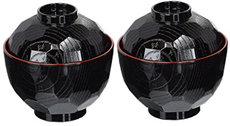 Iewroyt 2PCS Miso Soup Bowls Traditional Japanese Bowls Lightweight Rice with Lid Food Grade Plastic Black and Red Ramen Bowl for Serving Rice NoodleBowls