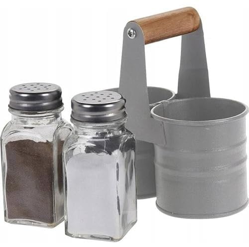 Envenzo Glass Salt and Pepper Shaker Set Grey Metal Tin Storage Holder Kitchen Restaurant Catering For Seasoning and Spices Classic Style