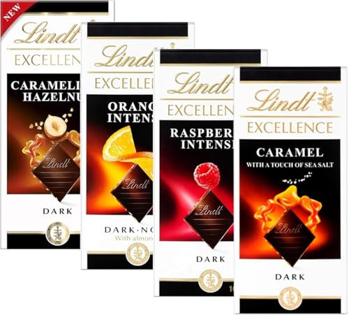 Swiss Excellence Chocolate Bars Orange, Raspberry, Caramel Sea Salt & Hazelnut Chocolate Bars 100g x 4 Perfect For Gifting