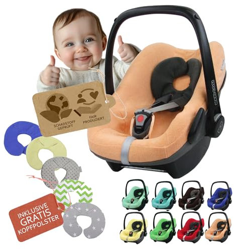 Frottee Sommerbezug [Schonbezug für Babyschale] Autositz kompatibel mit Maxi Cosi Pebble und Pebble Plus + GRATIS Kopfpolster (apricot)