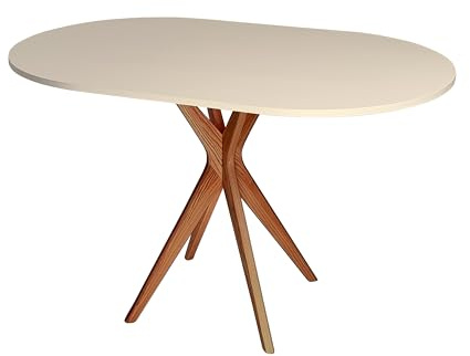 RAGABA Mesa de comedor ovalada pequeña 100 x 75 cm, estructura en X, mesa de comedor para 4 personas, madera maciza, moderna, ahorra espacio, color beige