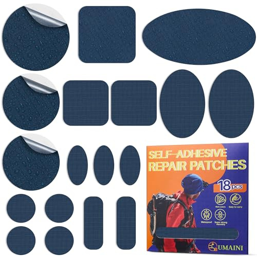 Zelt Flicken Reparaturset Selbstklebend Dunkelblau, 18 Stück Nylon Flicken Selbstklebend Stoff, Wasserdicht Daunenjacke Reparatur Patches, Zelt Reparaturset, Nylon Reparaturflicken für Jacke